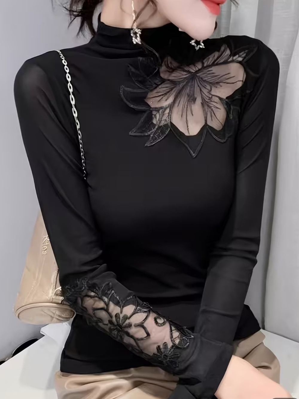 Black Floral Mesh-Detail Mock Neck Top